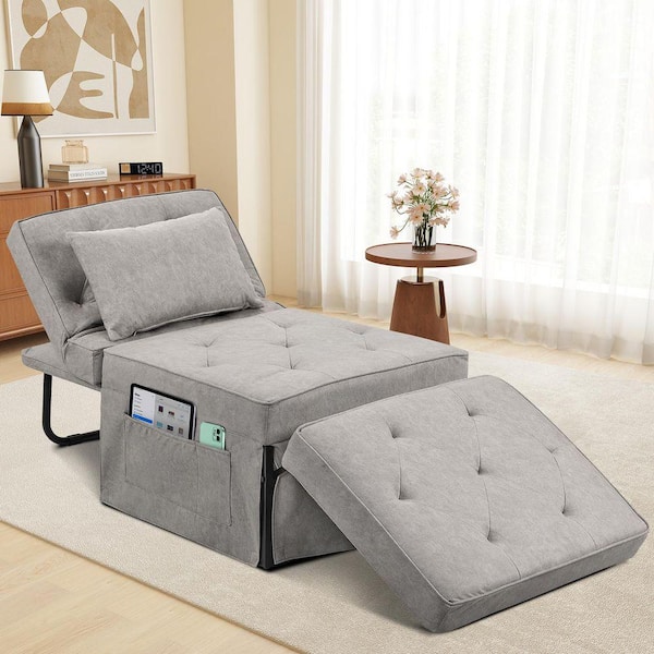 Folding Black 1 Piece Metal Outdoor/Indoor Day Bed with Light Grey Cushions Medium 28 in. Width