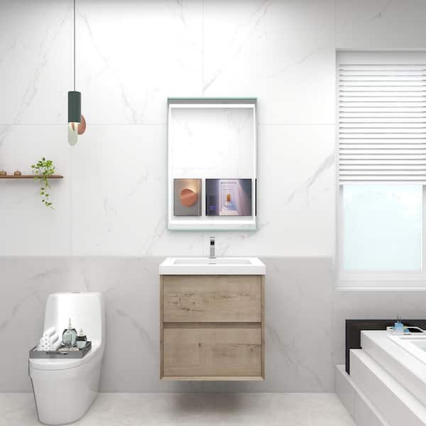 Kingdee 24 in. W x 20 in. D x 26 in. H Single Sink Floating Bath Vanity in Light Oak with White Acrylic Top