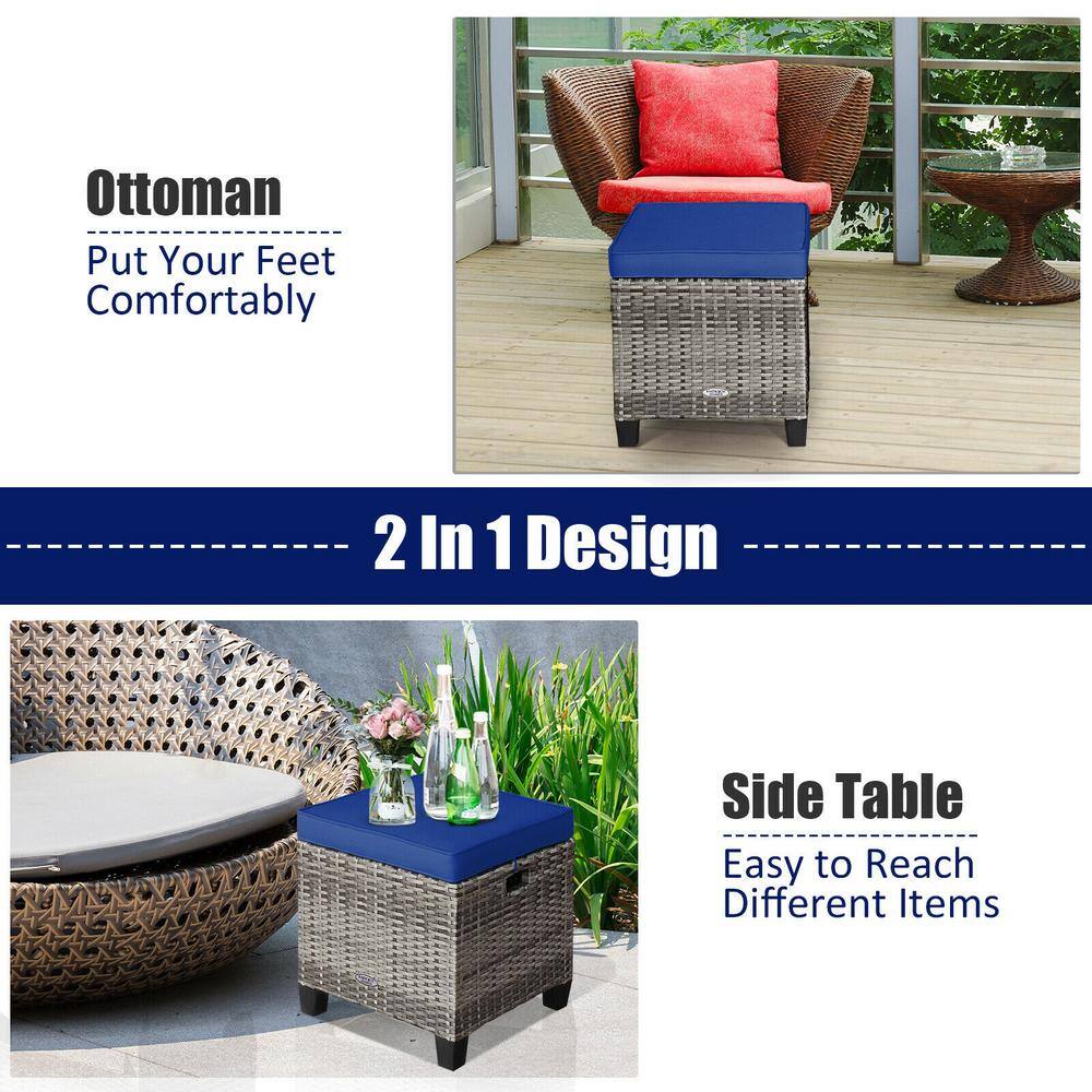 Mix Gray Steel Frame Outdoor Ottomans with Navy Cushions, 2 Pack