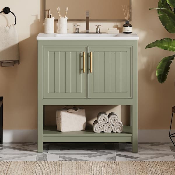 30 in. W Single Sink Freestanding Bath Vanity in Green with White Ceramic Top