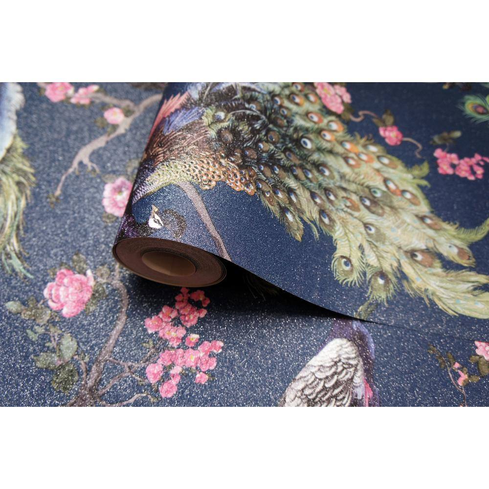 Navy Peacock and Floral Embossed Vinyl Wallpaper 396in x 20.8in