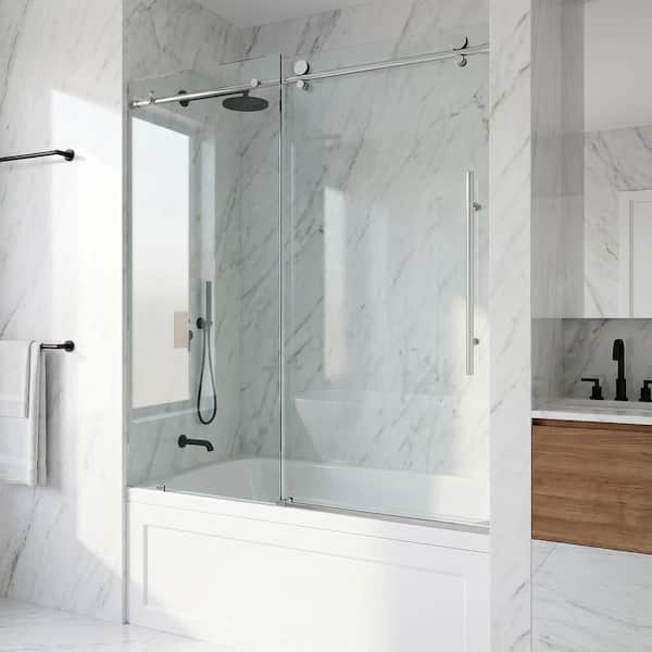Elan E-Class 56 to 60 in. W x 66 in. H Sliding Frameless Tub Door in Chrome with 3/8 in. (10mm) Clear Glass
