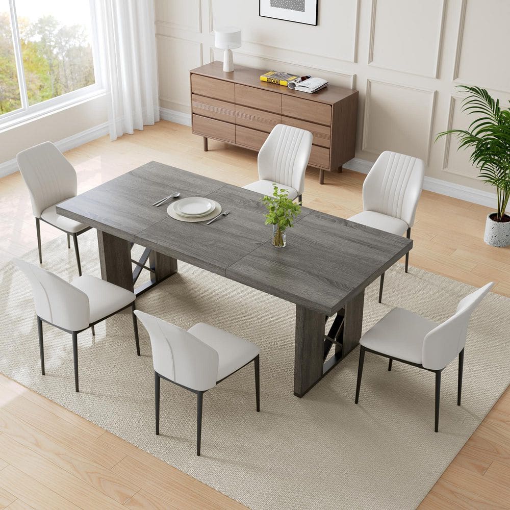 GOJANE 7-Pieces Rectangular Gray MDF Top Dining Table Set Seating 6 ...