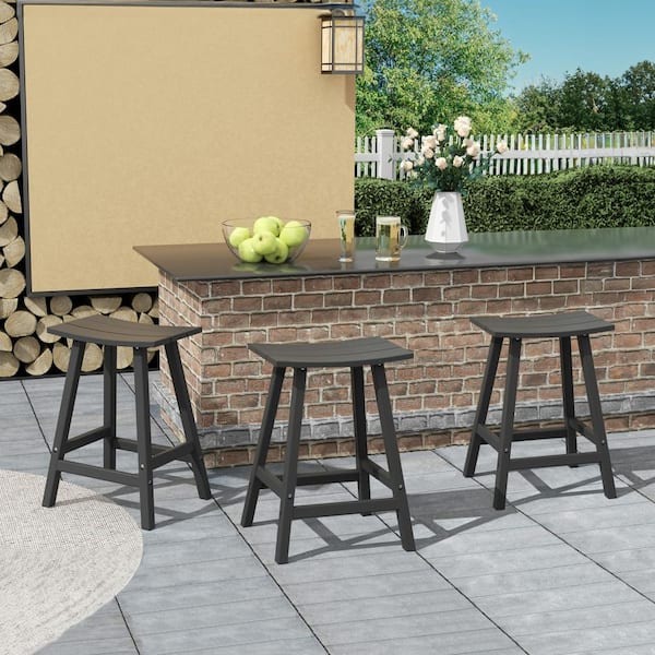 Franklin Gray 24 in. Poly HDPE Fade Resistant Outdoor Patio Saddle Seat Counter Height Bar Stool (Set of 3)