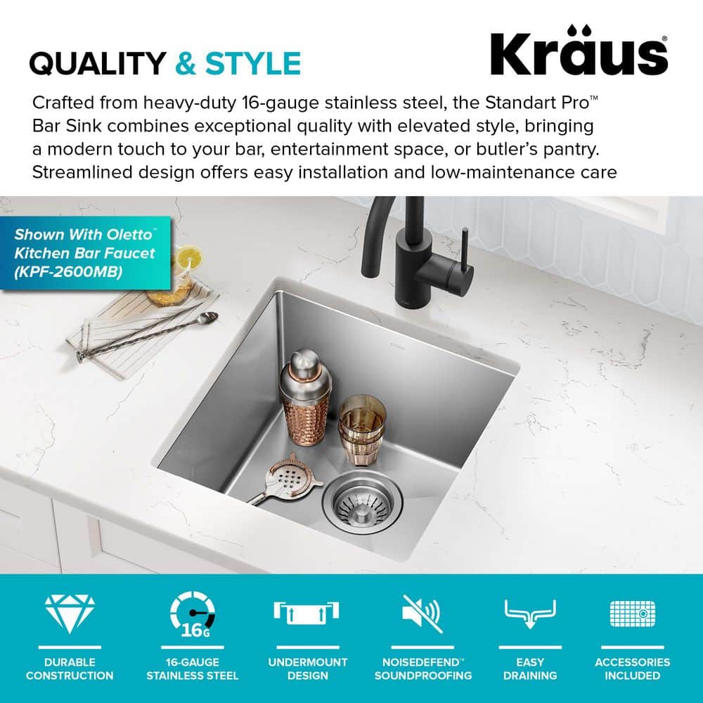 KRAUS Standart PRO 17-inch 16 Gauge Undermount Single Bowl Stainless Steel Kitchen Bar Sink - Thumbnail 3