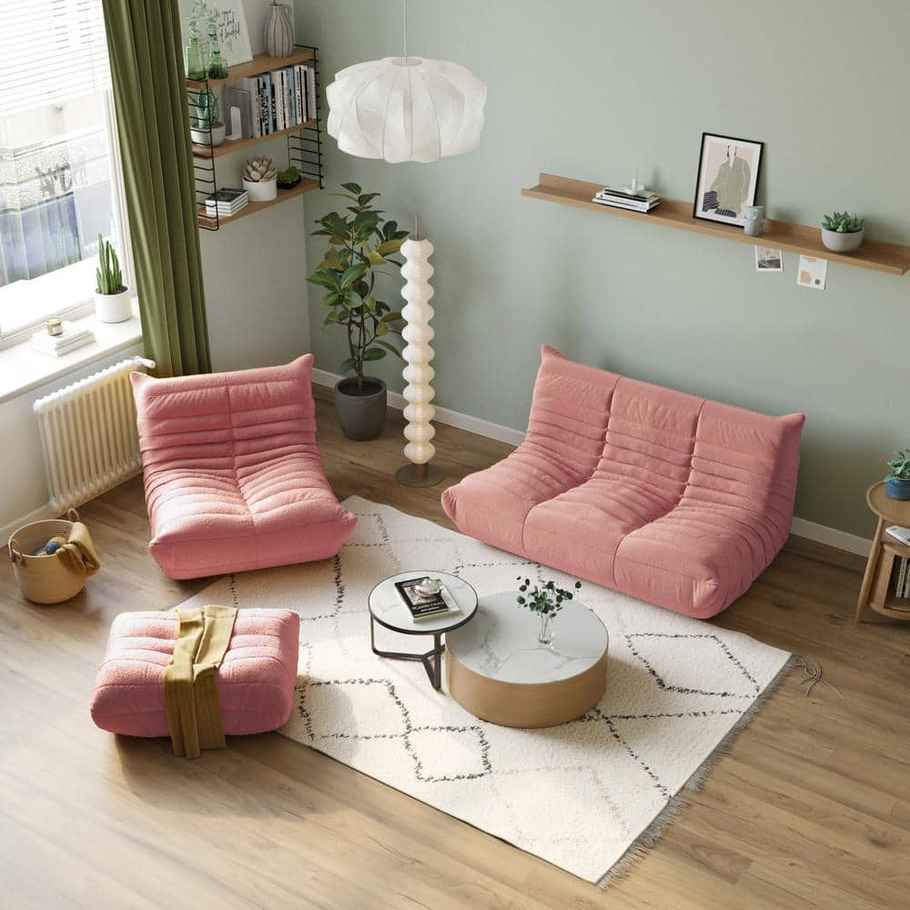 68.93 in. W Armless Teddy Velvet 3-piece Modular Lazy Floor Free combination Sectional Sofa with Ottoman in Pink -  J&E Home, JE-117PK-C3+14