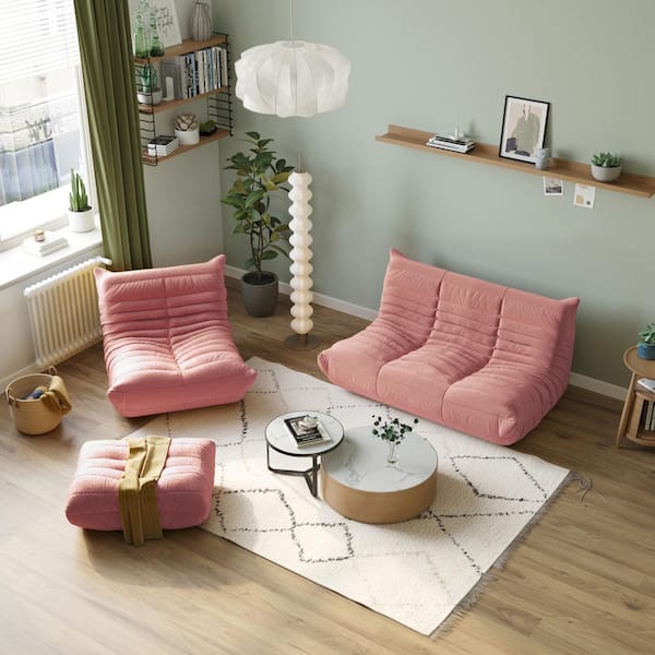 J&E Home 68.93 in. W Armless Teddy Velvet 3-piece Modular Lazy Floor Free combination Sectional Sofa with Ottoman in Pink