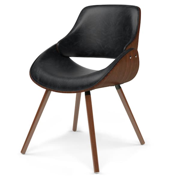 Simpli Home Malden Mid Century Modern Bentwood Dining Chair with Wood Back in Distressed Black Vegan Faux Leather