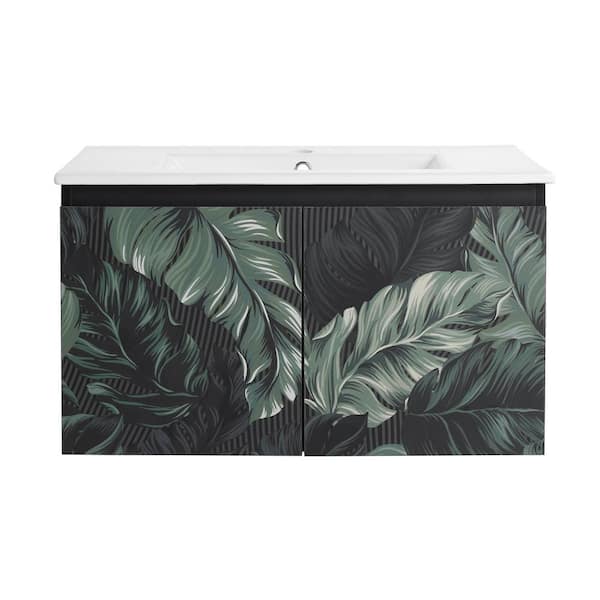 30 in. W x 18.3 in. D x 17.3 in. H Wall Mounted Bath Vanity in Black with White Ceramic Vanity Top