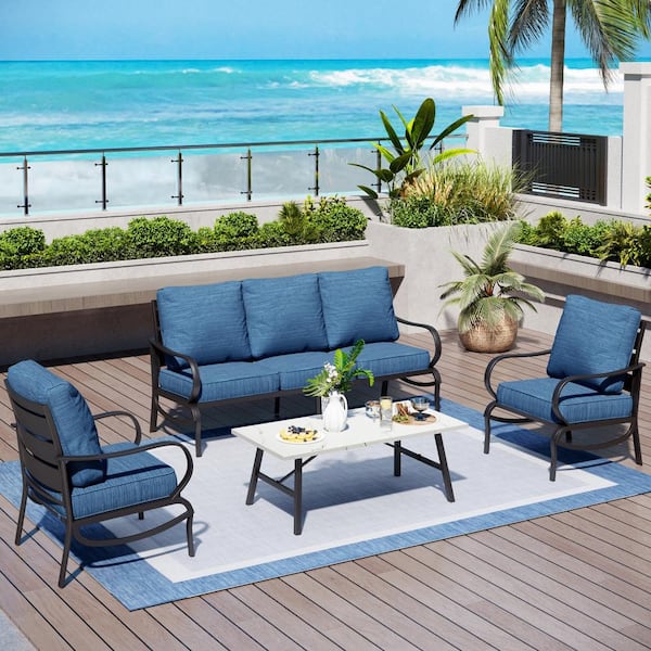 PHI VILLA Metal Slatted 5 Seat 4-Piece Outdoor Patio Conversation Set with Peacock Blue Cushions, Table With Marble Pattern Top