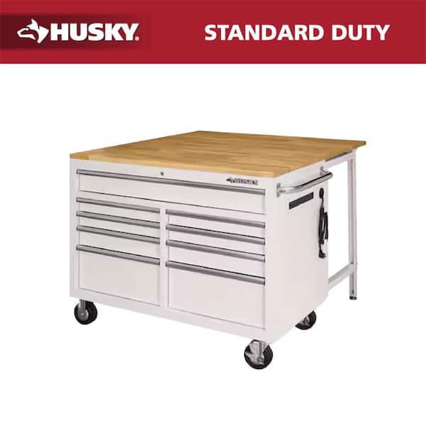 Tool Storage 46 in. W x 51 in. D Standard Duty Gloss White Mobile Workbench Cabinet with Solid Wood Top