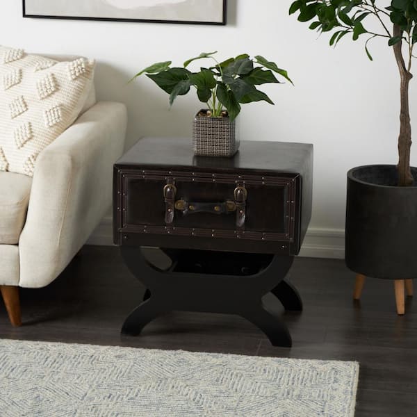 16 in. Brown Vintage Faux Leather Single Drawer Large Square Wood End Table with Curved Style Leg Stand