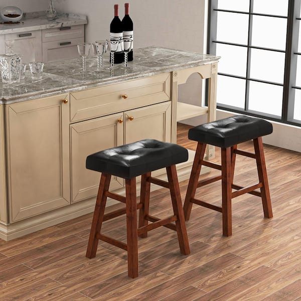 ANGELES HOME 24 in. 2-Piece Black Brown Backless Wood Saddle Counter Stool with Faux Leather Seat