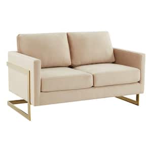 Lincoln Modern 55" Mid-Century Modern Upholstered Velvet Loveseat With Gold Frame in Beige