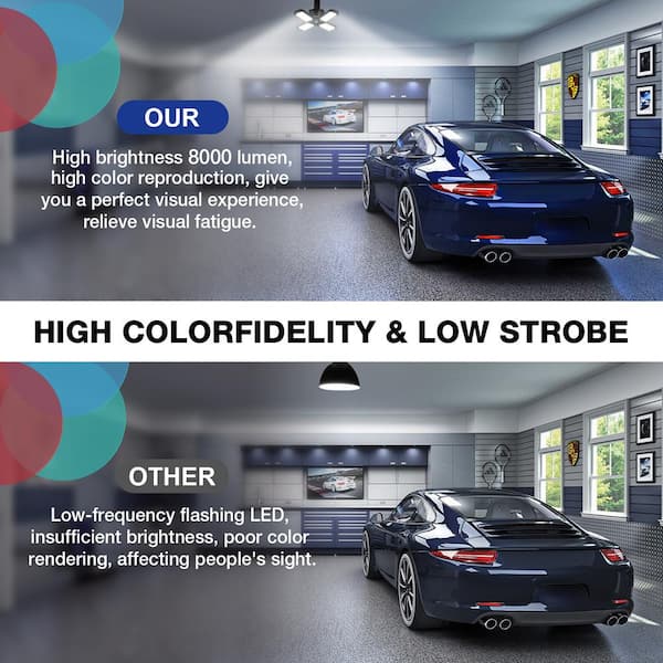 80-Watt Black Deformable LED Adjustable Garage Light Semi-Flush Mount Lighting, 4-Leaf 6000K Daylight White (2-Pack)