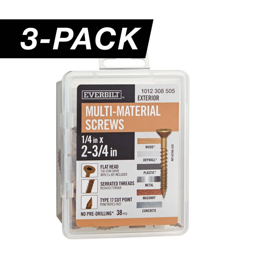 3-Pack 1/4 in x 2-3/4 in. Brown 6-Lobe Star Drive Exterior Flat Head Multi-Material Screw (3 lbs. / 114-Piece) price history on PriceWatchPro