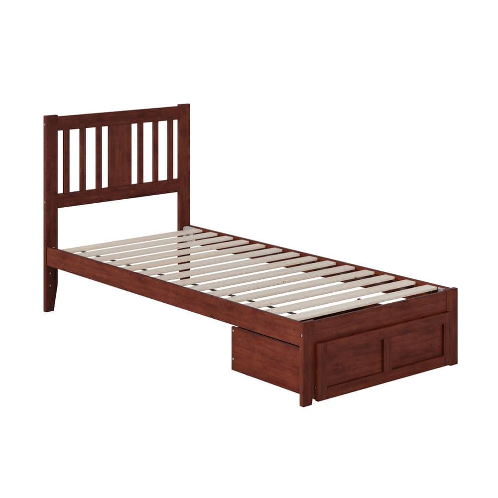Walnut Twin Wood Frame Bed with Storage Drawer and USB Charger