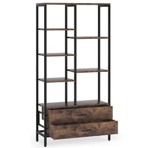 Eulas 66.9 in. Rustic Brown Wood 7-Shelf Standard Bookcase 2-Drawers Home Office 31.49 in. W x 11.81 in. D x 66.92 in. H
