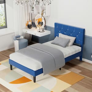 Upholstered Bed, Platform Bed with Adjustable Headboard, Wood Slat Support, No Box Spring Needed, Twin Blue Bed Frame