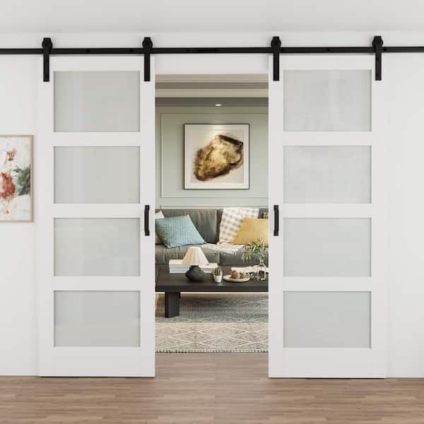 60 in. x 84 in. 4-Lite Tempered Frosted Glass White Prefinished MDF Sliding Barn Door Slab with Hardware Kit