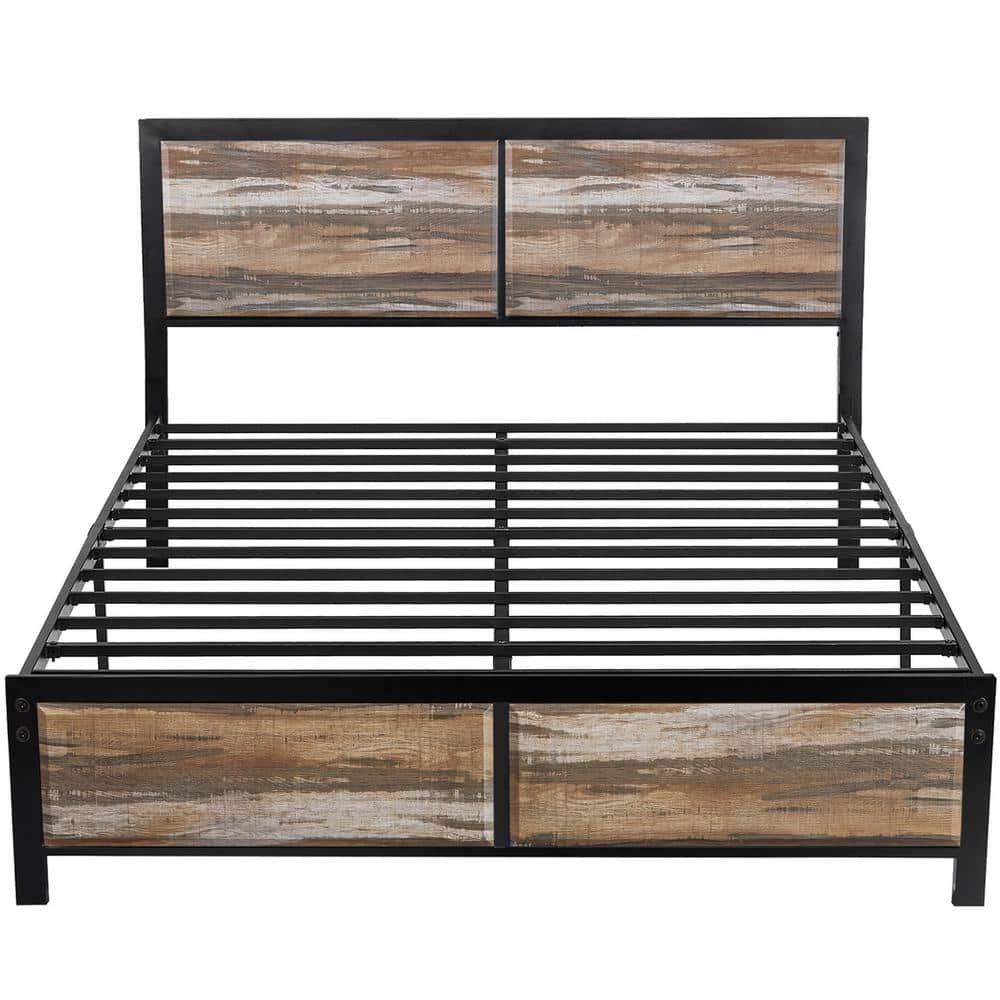 Metal Bed Frame Slate Brown Metal Frame Queen Size Platform Bed with Wooden Rustic Country Style Headboard and Footboard -  VECELO, MBQ04-SLT