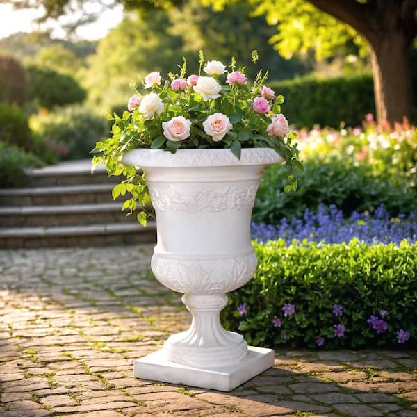 21.25 in. H Cast Stone Barrett Urn in Light Aged White Finish