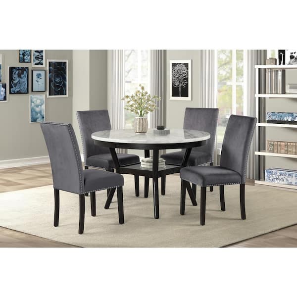NEW CLASSIC HOME FURNISHINGS New Classic Furniture Celeste 5-Piece Round Faux Marble Top Dining Set, Espresso/Gray
