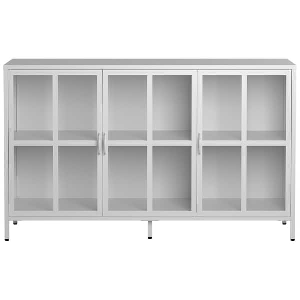 White 33.5 in. H 3 Glass Door Accent Storage Cabinet with Adjustable Feet