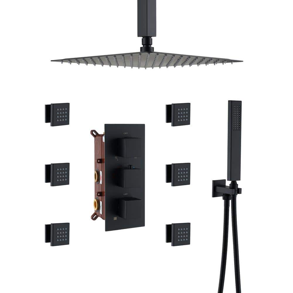 Large Matte Black Dual Square Ceiling Mounted Rainfall Shower System