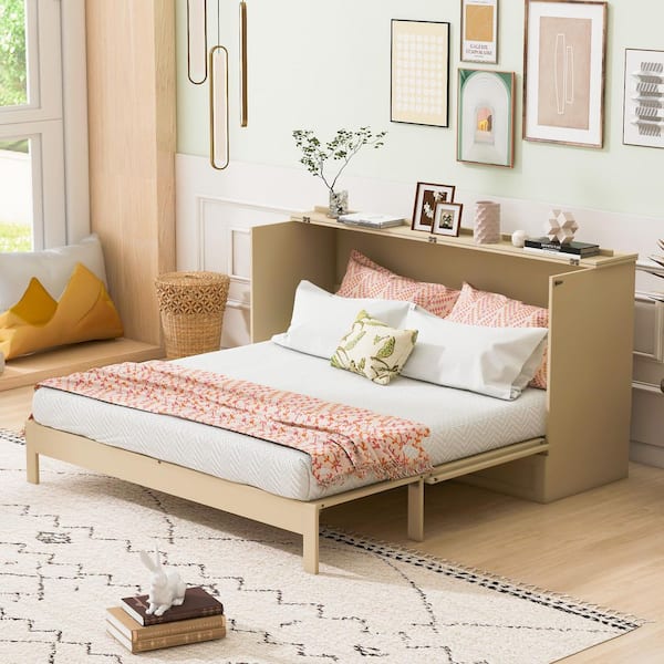Gold Wood Frame Full Size Modern Rattan Decorative Surface Murphy Bed with Large Drawer, USB Charging Port