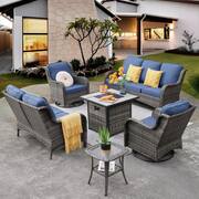 Daydreamer Gray 6-Piece Wicker Patio Fire Pit Set with Denim Blue Cushions and Swivel Rocking Chairs