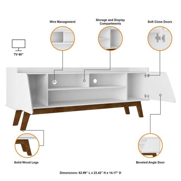 Manhattan Comfort Mid-Century Modern Marcus 62.99 TV Stand with Solid Wood Legs in White Manhattan Comfort Mid-Century Modern Marcus 62.99 TV Stand with Solid Wood Legs in White