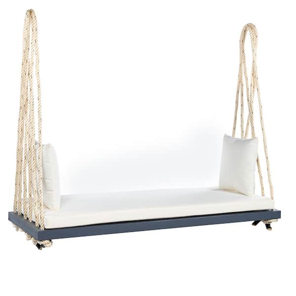 Patio 2-Person Gray Acacia Wood Porch Swing with Beige Cushions and Pillows