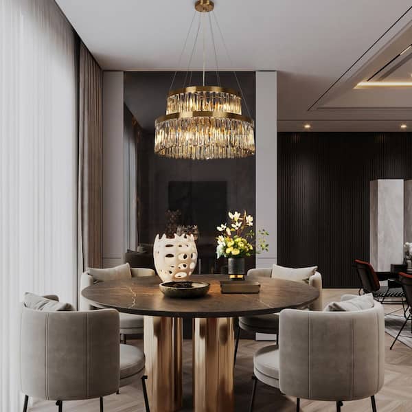 Miswinamp 6-Light Plating Brass 2-Tiered Chandelier with Glass Strips and Adjustable Pivoting Lights, Bulbs Not Included
