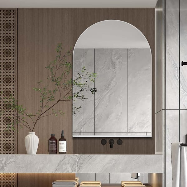 24.00 in. W x 35.80 in. H Arched Metal Medicine Cabinet with Mirror, Wall Cabinet with Adjustable Shelves, White