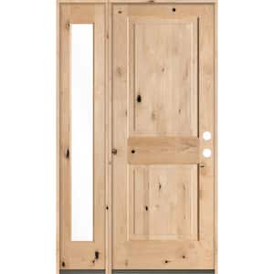 44 in. x 80 in. Rustic Unfinished Knotty Alder Square-Top Left-Hand Left Full Sidelite Clear Glass Prehung Front Door