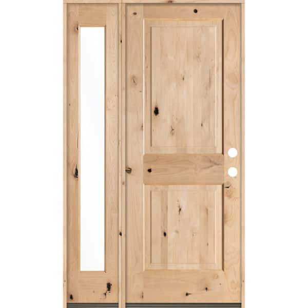 Krosswood Doors 44 in. x 80 in. Rustic Unfinished Knotty Alder Square-Top Left-Hand Left Full Sidelite Clear Glass Prehung Front Door