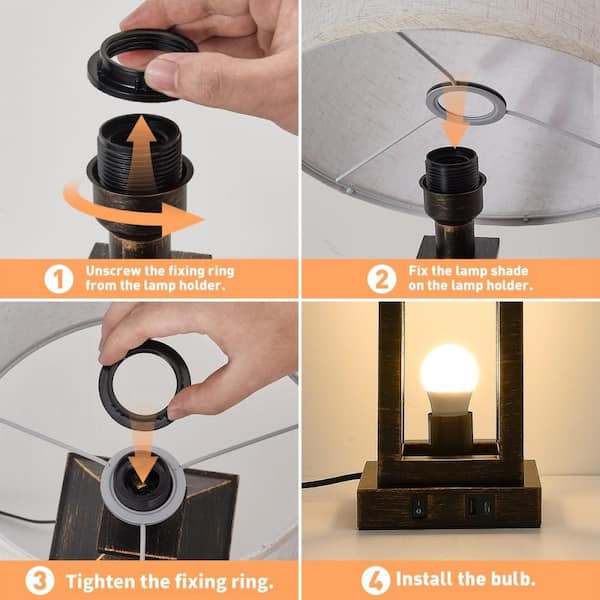 52 in. Black LED Table Lamp Interior Lighting with Linen Shade and USB Port , 2 Bulb Included