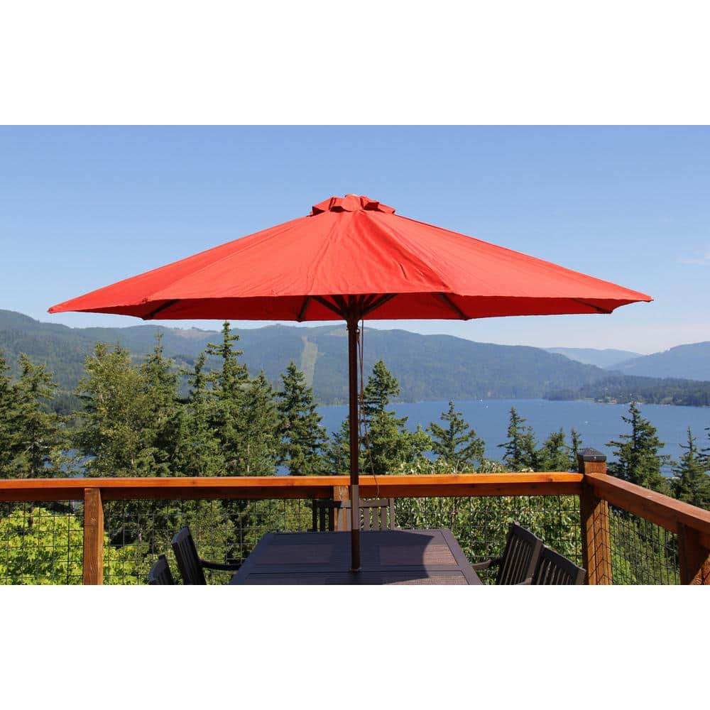 9 ft Burnt Chili Wood Patio Umbrella with Polyester Canopy