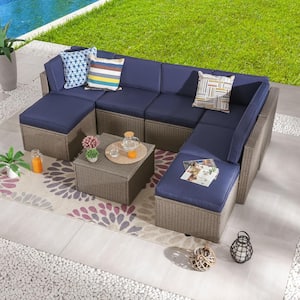 8-Piece Wicker Patio Sectional Seating Set with Blue Cushions