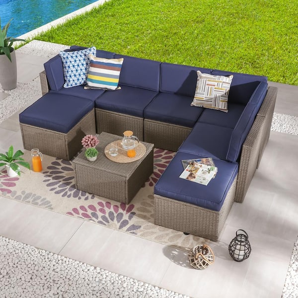 Patio Festival 8-Piece Wicker Patio Sectional Seating Set with Blue Cushions