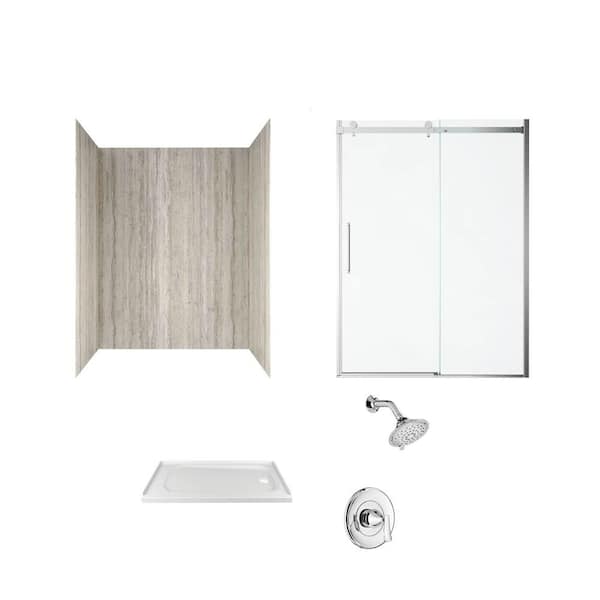American Standard Passage 60 in. x 72 in. Right Drain 4-Piece Glue-Up Alcove Shower Wall Door Chatfield Shower Kit in Pewter Travertine