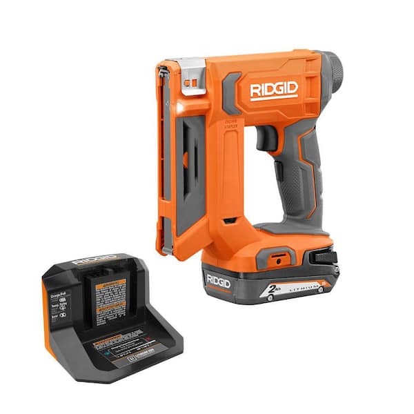 RIDGID 18V Cordless 3/8 in. Crown Stapler Kit with 2.0 Ah Battery and Charger