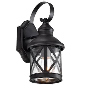 11.5 in. H Outdoor Textured Black Wall Sconce with Clear Seeded Glass Waterproof Wall Mount Lantern