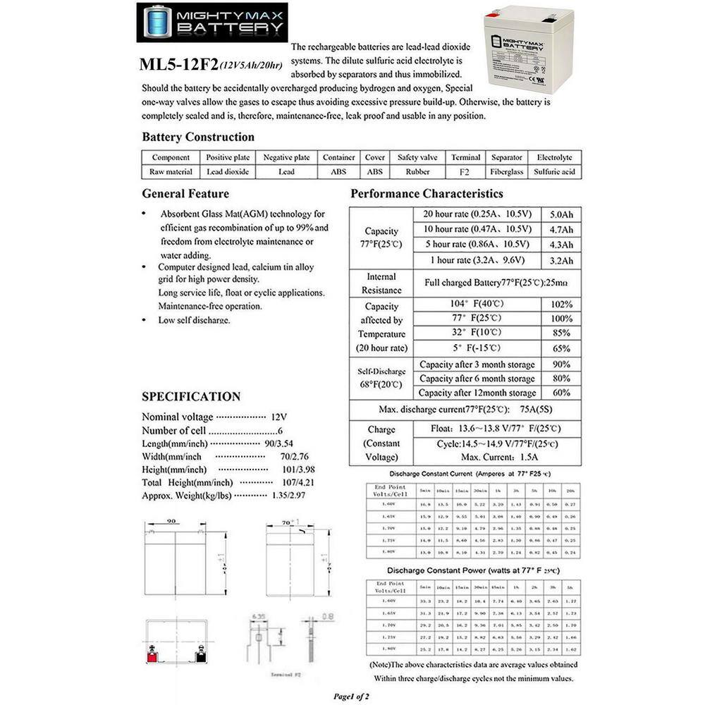 Mighty Max 12V 5Ah Sealed Lead Acid Battery