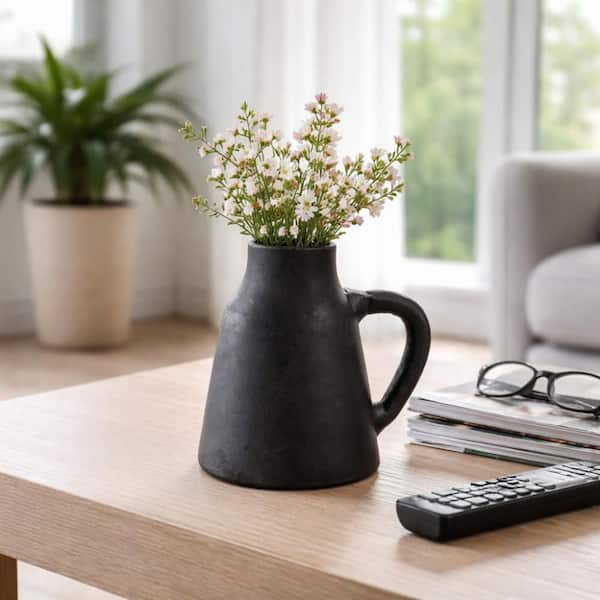 8.5 in. Black Terracotta Tapered Cylinder Decorative Vase with Handle