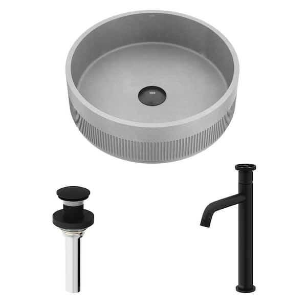 Cypress Gray Concreto Stone Rectangular Bathroom Vessel Sink with Cass Vessel Faucet and Pop-Up Drain in Matte Black