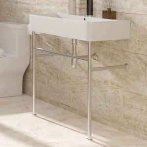 5.3 in. Ceramic Console Sink Basin in White and Polished Nickel Legs Combo with Overflow