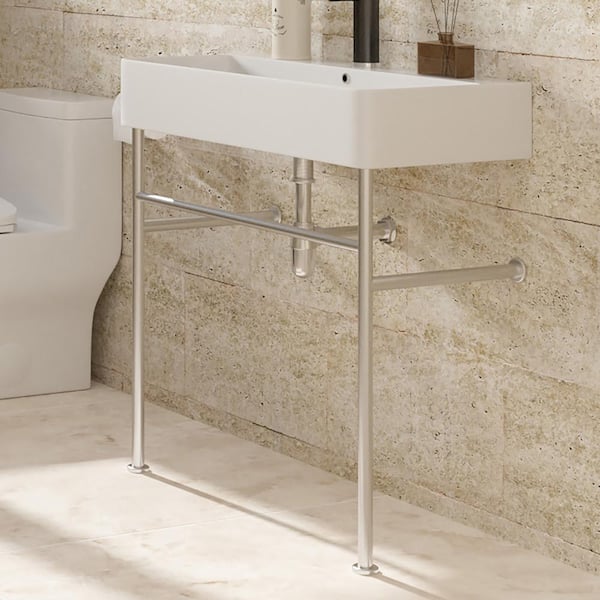 Staykiwi 5.3 in. Ceramic Console Sink Basin in White and Polished Nickel Legs Combo with Overflow