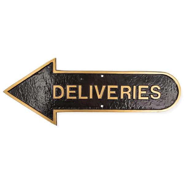 Montague Metal Products 6 in. x 15.5 in. Left Arrow Deliveries Statement Plaque Sign-Black/Gold
